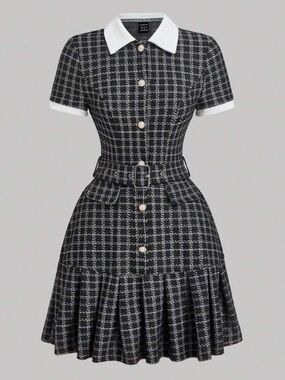 Preppy Black & White Tweed Fit-and-Flare Dress - M